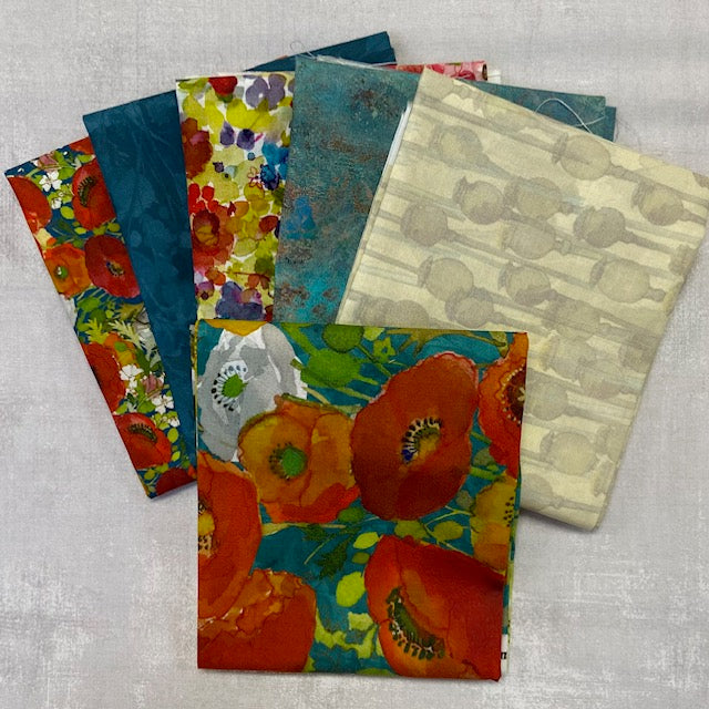 6 fat quarter pack of Teal Poppies