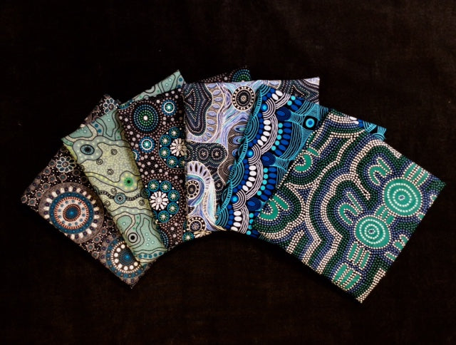 6 fat quarter pack of Australian Aboriginal Teal fabrics