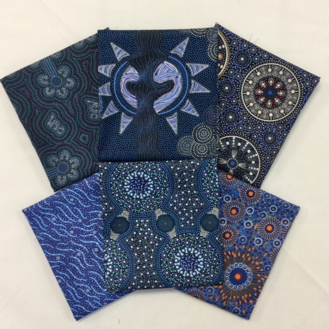 6 fat quarter Australian Aboriginal Blue fabric pack