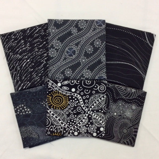 6 fat quarter Australian Aboriginal Black fabric pack